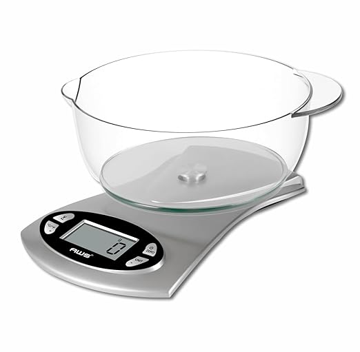 AWS Kitchen Pro 0.1g/0.001oz Precision Food Scale 5kg/11lb Digital Bowl Scale with Tempered Glass, | 2.72L Dishwasher-Safe Bowl, Tare, Timer, Clock & Room Temperature Display | Ultra Cooking Scale