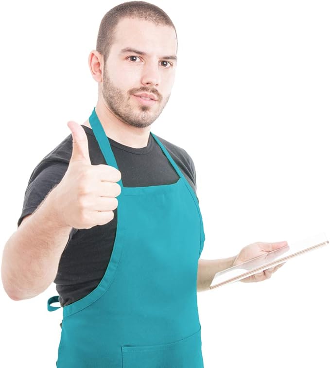 Total 15 PCS Blue Plain Color Bib Aprons Bulk for Women Men Adult with 2 Front Pockets (Baby Blue,15pcs)