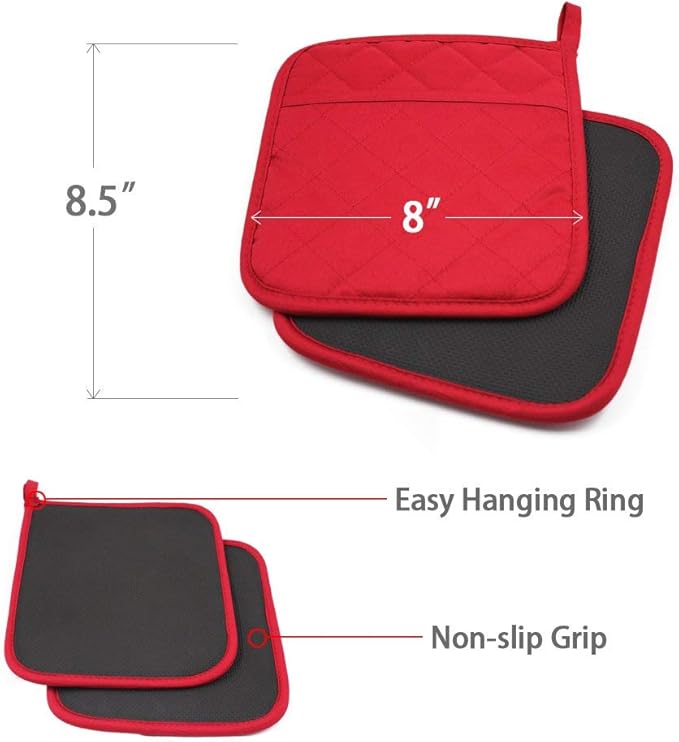 2Pcs Cotton and Neoprene Oven Pads Pot Holders with Pocket 8"x8.5" Dual-Function Hot Pad Set for Finger Hand Wrist Protection Heat Resistant to 428°F,Red