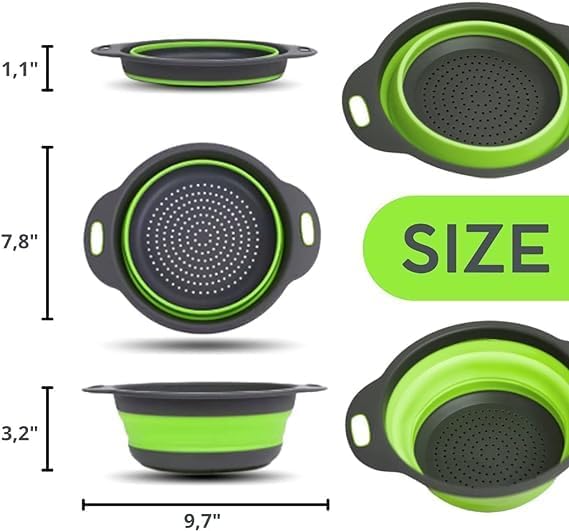 Green Round Silicone Collapsible Colander – Silicone Round Small Kitchen Strainers with Plastic Handles Foldable Kitchen Strainer Perfect for Draining Pasta Vegetable and Fruit