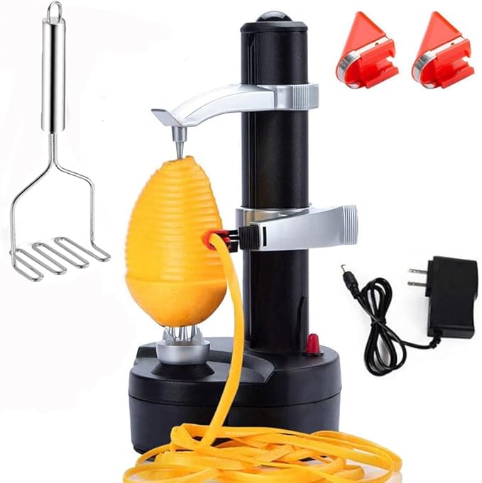 Electric Potato Peeler Automatic Potato Peeler Machine, Electric Peeler Fruits and Vegetables, Apple Peeling Machine for Kitchen [1 Adapter 2 Extra Blades] with Potato Masher (Black-M)
