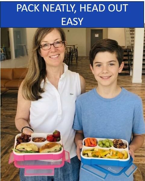 Bento Lunch-Box For Kids And Adults: Lunch Boxes With 4 Sealed Compartments, Divided Containers For Boys Girls Women Men - School Work Portion Container, Utensils, Blue + Rose Pink 2 Pack Set