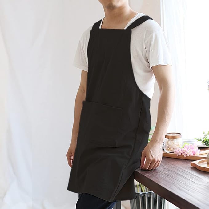 NEWGEM Japanese Cotton Linen Cross Back Cooking Apron for Women Men with Pockets Cute for Baking Kitchen
