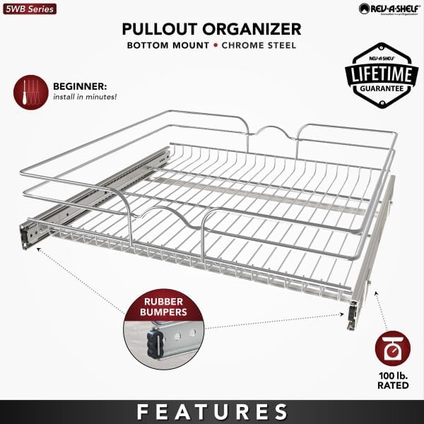 Rev-A-Shelf Kitchen Cabinet Pullout Shelf and Drawer Organizer Slide Out Pantry Storage Basket in Multiple Sizes, 24 x 22 In, 5WB1-2422CR-1