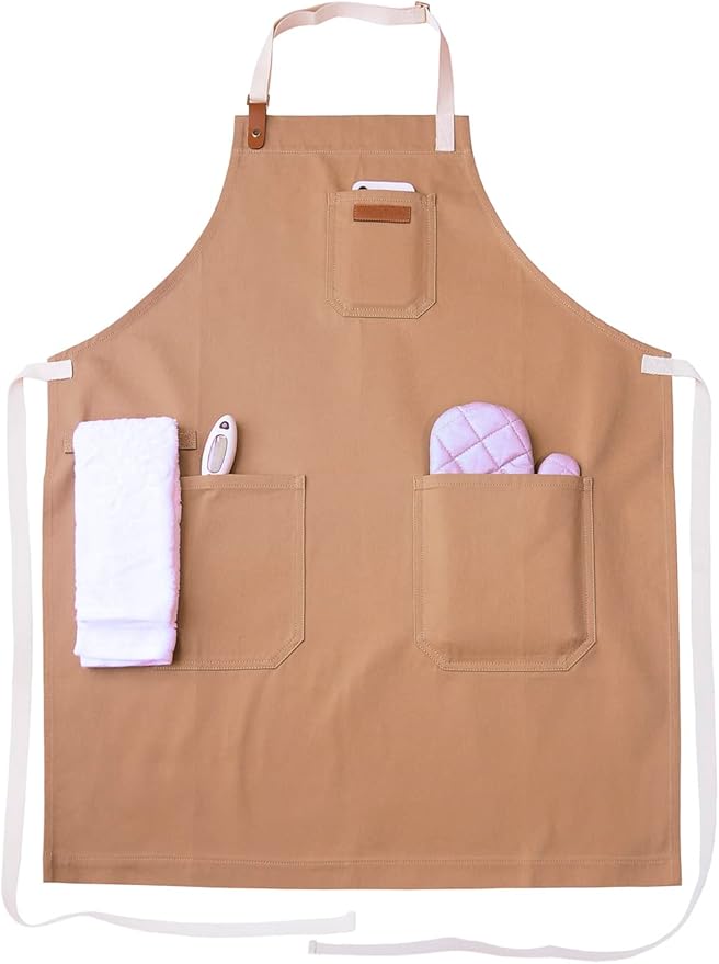 Kitchen Apron with Pockets, Professional Chef Bib Apron for Cooking Grill BBQ Baking Server, with Pockets Towel Loop and Adjustable Neck Straps for Men Women