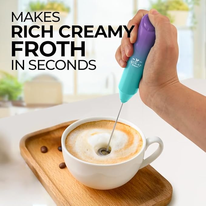 Zulay Kitchen Milk Frother Handheld Battery Operated – Electric Drink Mixer for Coffee, Lattes, Cappuccinos, Matcha & Hot Chocolate – Portable Foam Maker & Coffee Bar Accessory - Eclipse Purple Teal