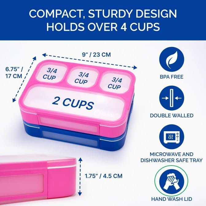 Bento Lunch-Box For Kids And Adults: Lunch Boxes With 4 Sealed Compartments, Divided Containers For Boys Girls Women Men - School Work Portion Container, Utensils, Blue + Rose Pink 2 Pack Set