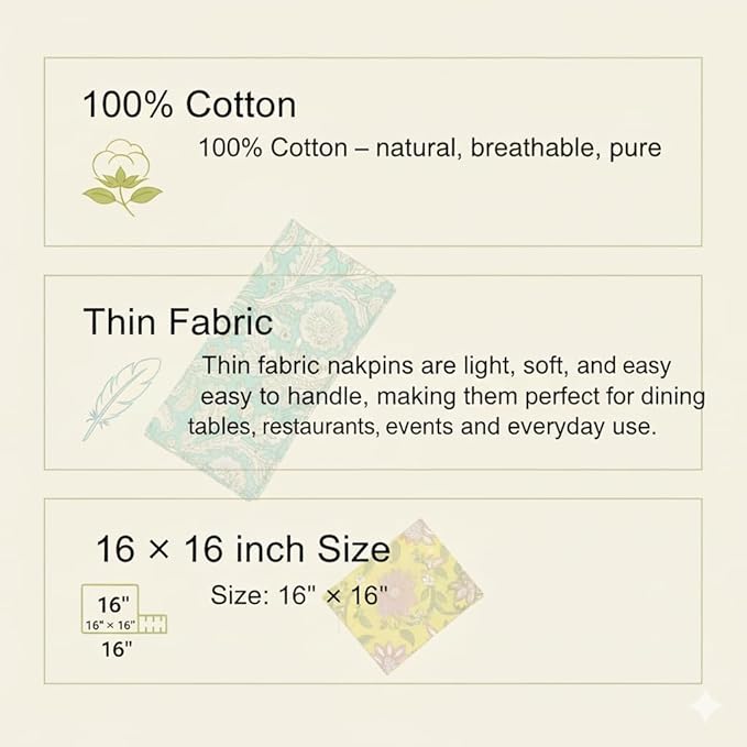 DIYANAIMPEX 10 Pc Cotton Cloth Napkins Hand Block Print Hand Made Size 16x16 Inch Printed Home Decor Indian Eco Friendly Mix Lot Dinner Napkins (Multicoloured)