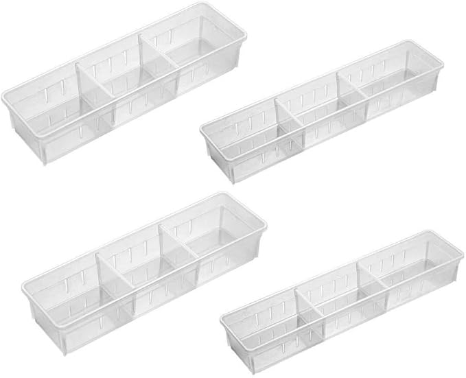 Chris.W Desk Drawer Organizer Tray with Adjustable Dividers, Multi-Drawers for Makeups, Utensil, Pens, Flatware and Junks - Set of 4 (2 Large + 2 Small),13.8 Inch Length