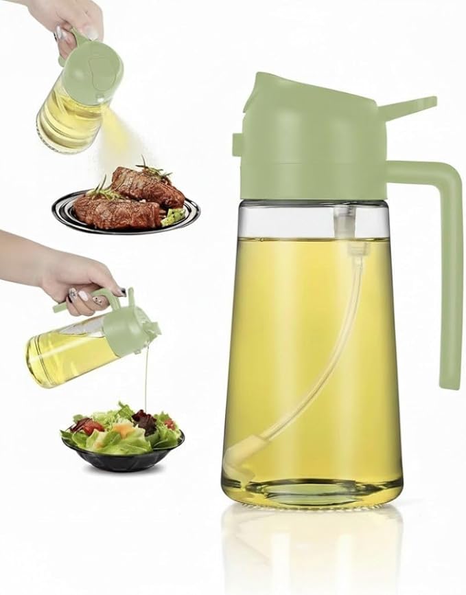 2-in-1 Oil Sprayer & Pour Bottle for Cooking – 470ml Glass Olive Oil Dispenser with Leak-Proof Stainless Steel Nozzle, Fine Mist Spray for Healthy Cooking, Air Fryer & Salad (Green)