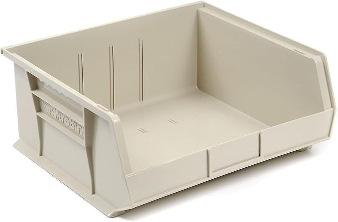 Akro-Mils 30250 AkroBins Plastic Storage Bins, Space-Saving Stackable Bins for Garage, Pantry, Craft Organization, 15" x 16" x 7", Stone, 6-Pack