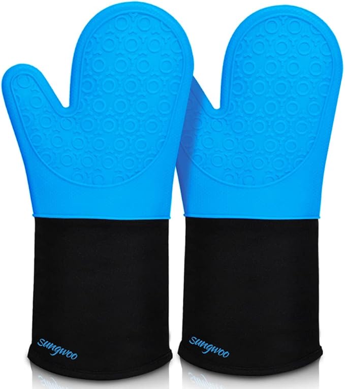 sungwoo Extra Long Silicone Oven Mitts, Heat Resistant Oven Gloves with Quilted Liner Non-Slip Textured Grip Perfect for BBQ, Baking, Cooking and Grilling - 1 Pair 14.6 Inch Blue & Black