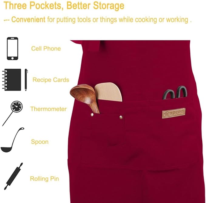 Kitchen Cooking Apron for Women Men with Big Pockets Canvas Waterproof Aprons for Server Pottery Artist Chef Apron