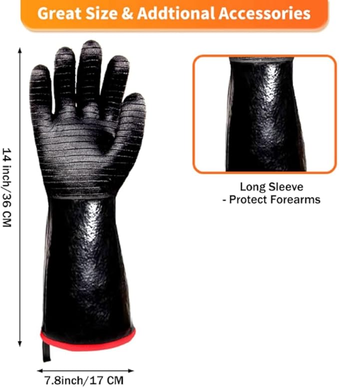 2 PCS BBQ Gloves - 1472°F Thicken Heat Gloves W/S-Hook 14 in Kitchen Oven Mitts Black Neoprene Waterproof Grill Gloves