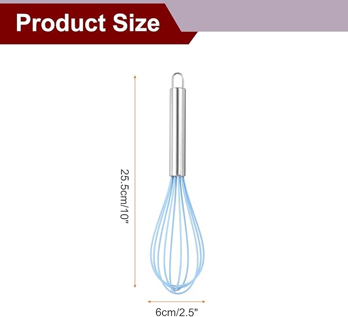HARFINGTON 5Pcs Silicone Whisk 10" Kitchen Whisk Wire Whisks Beater with Stainless Steel Handle for Egg Milk Whisking Blending Beating & Stirring, Blue