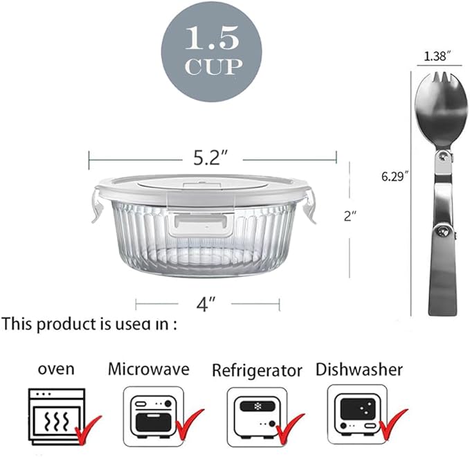 H.JSS WDJS 1.5 cup Round Glass Food Containers with Lids and Spoon, 12oz Small Glass Lunch Storage Containers, Small Round Meal Prep Bowls for Office, Outdoor. Microwave, Freezer, Dishwashe safe