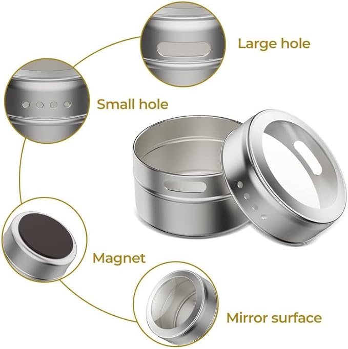Vetacsion Set of 8 Magnetic Spice Tins with 2 Metal Wall-Plates,100 Preprinted Seasoning Label Stickers,2 Styles for 3 oz Herb Jars