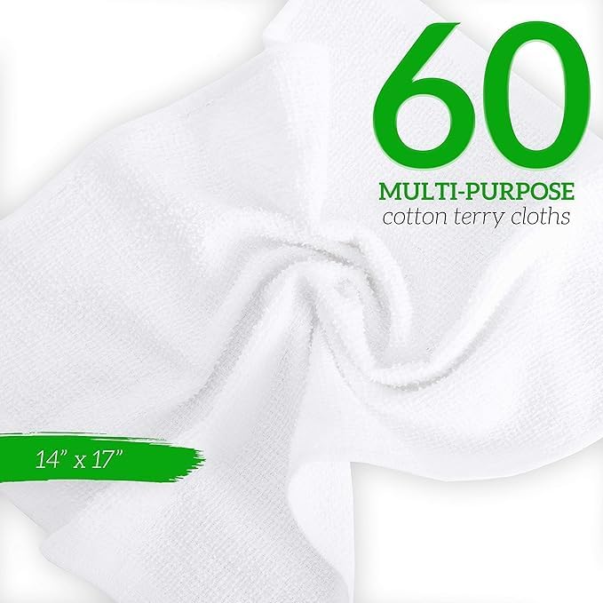 GREEN LIFESTYLE 60-Pack Cotton Wash Cloths – 14"x17" Absorbent Cleaning Rags for Housekeeping, Kitchen Towels, Bar Mop Towels, Durable Terry Cloth Rags, Premium Quality Multipurpose Washcloths