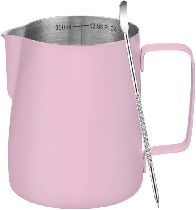 Amrules Milk Frothing Pitcher, 12 oz Milk Frother Cup with Clear Scale, 304 Stainless Steel Cappuccino Espresso Machine Accessories for Barista Coffee Bar with Latte Art Pen, Pink