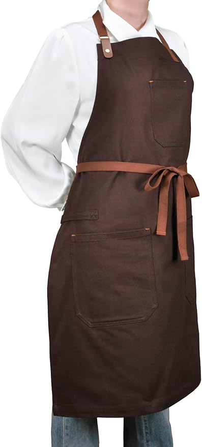 Chef Apron with Pockets, Professional Kitchen Cooking Grill BBQ Baking Apron for Men Women, Bib with Towel Loop and Adjustable Neck Strap (Brown)
