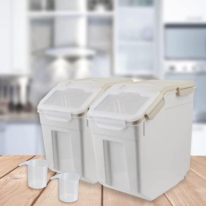 Saim Flour Storage Containers Bin 25lbs, 4Pack Airtight BPA Free Rice & Food Dispenser with Measuring Cup, Scoop - Kitchen Pantry Organizer for Flour, Rice, Grain, Cereal, Pet Food (Grey)