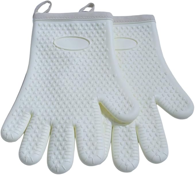 Extra Long Heat Resistant Silicone Oven Mitts Set, Non-Slip Cooking Gloves with Quilted Cotton Liner, Flexible Waterproof Pot Holders for Baking, BBQ, Grilling – 2-Pack (Creamy White)