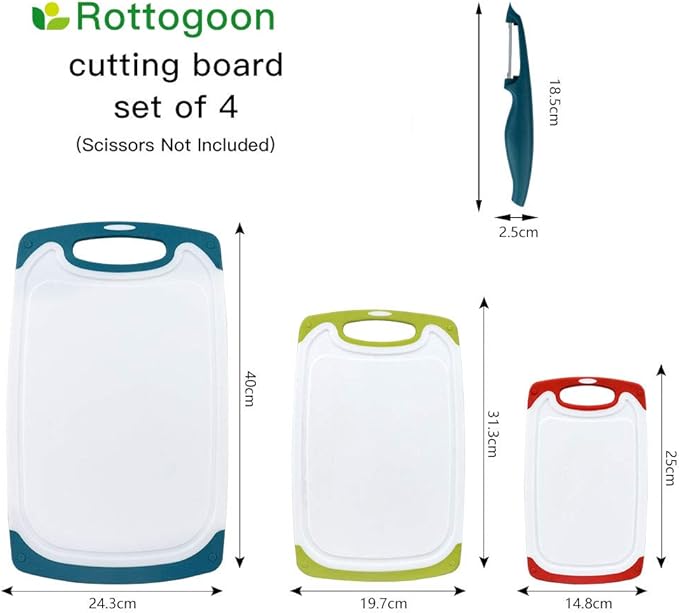 Cutting Boards for Kitchen, Plastic Chopping Board Set of 4 with Non-Slip Feet and Deep Drip Juice Groove, Easy Grip Handle, Dishwasher Safe