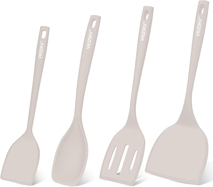 Silicone Spatula Turner Set, 4 Pack, 600°F Heat Resistant Cooking Spatulas, Spoons, BPA Free & Non-Stick Kitchen Utensils, Ideal for Flipping Egg, Pancake, and Serving, Dishwasher Safe (Khaki)