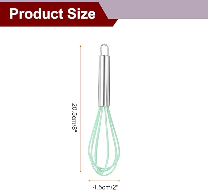 HARFINGTON 5Pcs Silicone Whisk 8" Kitchen Whisk Wire Whisks Beater with Stainless Steel Handle for Egg Milk Whisking Blending Beating & Stirring, Green