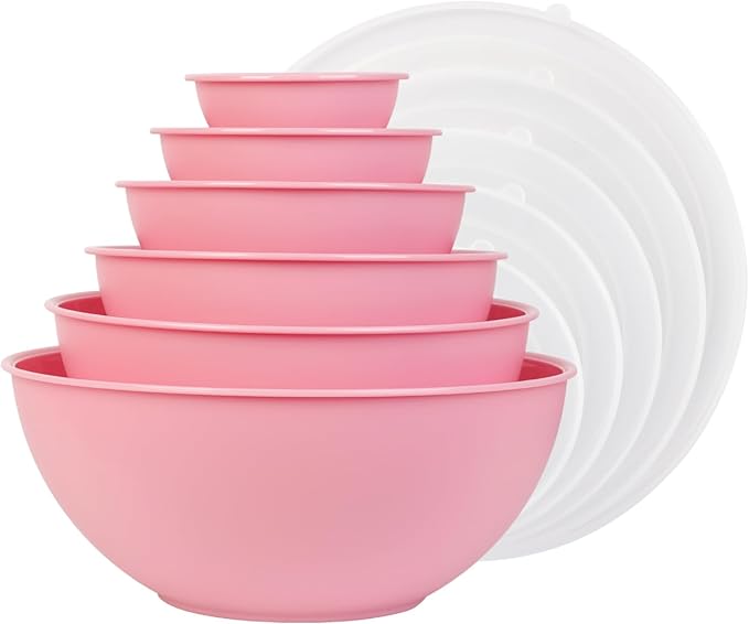 BoxedHome BPA Free Plastic Round Mixing Bowl with Lids, 12 Pack Nesting Bowls with Lids Set, Microwave and Dishwasher Safe Prep & Serving Bowls Great for Mixing, Baking, Serving (Pink, 12pcs)