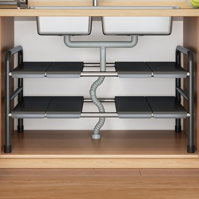 Under Sink Organizer, 2-Tier Expandable Stainless Steel Storage Rack with Removable Panels, Waterproof Anti-Slip Cabinet Shelf for Kitchen, Bathroom & Laundry