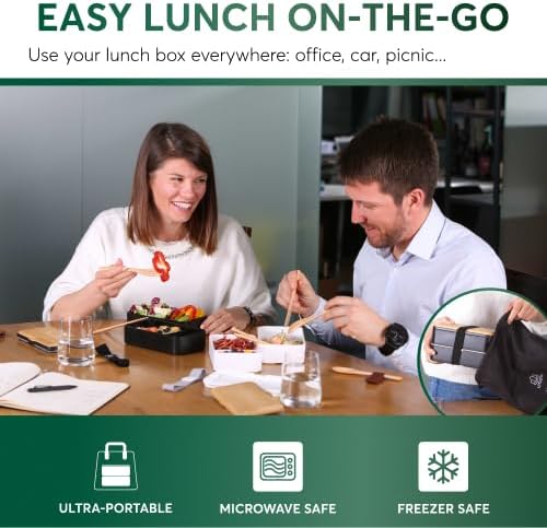 Umami Bento Box Adult All-In-1 w/4 Utensils, Big Sauce Jar, 2 Dividers, 100% Leakproof, Microwave & Dishwasher Safe Stackable Bento Lunch Box Containers for Men/Women, Black & Bamboo, 40 oz