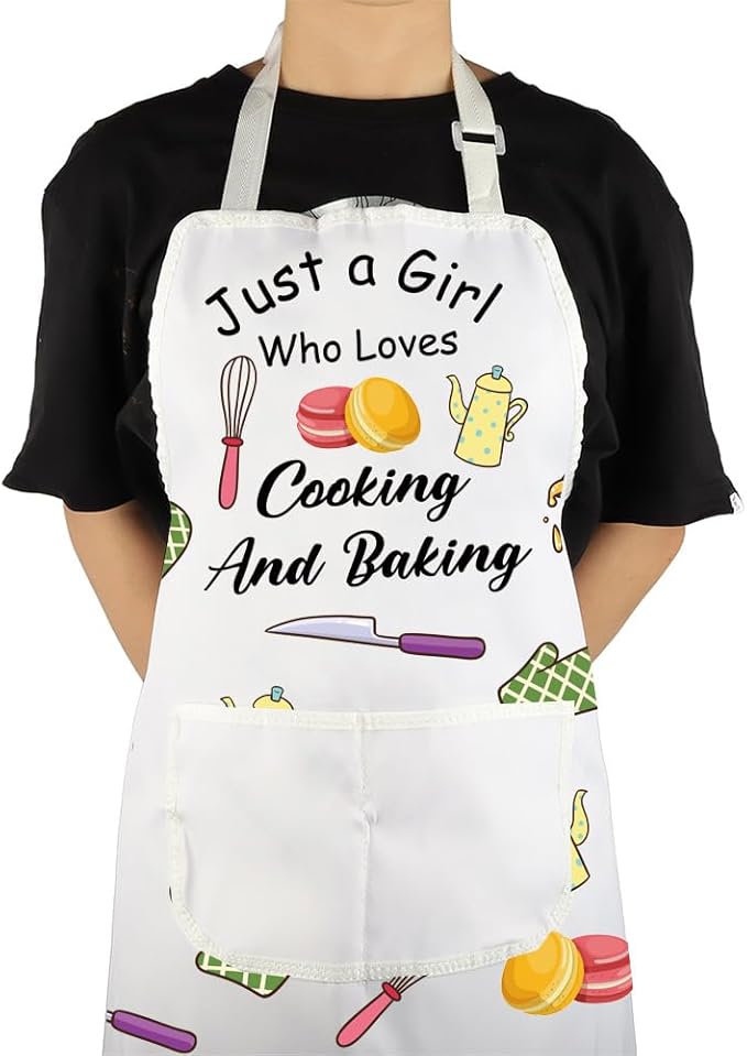 VAMSII Cooking Apron with Pockets Girls Chef Apron BBQ Baking Kitchen Apron for Girl Just a Girl Who Loves Cooking and Baking