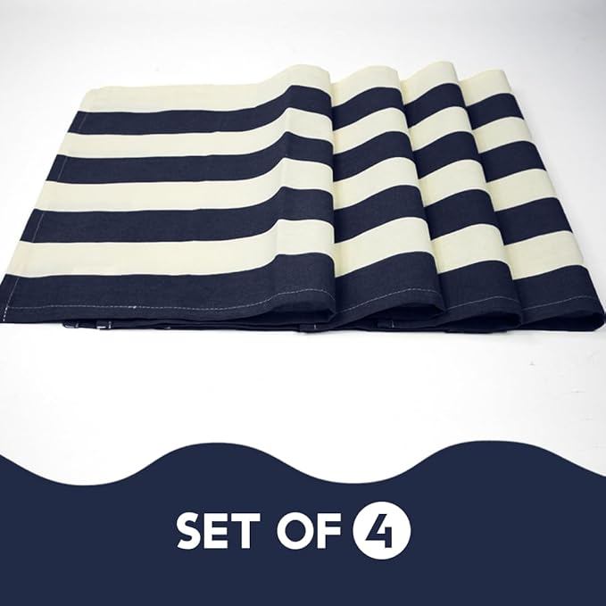 Folkulture Placemats Set of 4 (13 x 18) | 100% Cotton,Cute, Heat Resistant,Machine Washable Striped Place Mats | Blue & White Rectangular Cloth Table Placemats or Dining Table Mats for Dinner Party