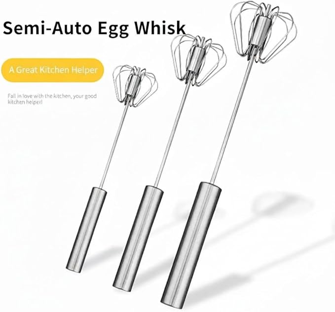 Semi Automatic Whisk Heavy Duty, 3PCS Manual Egg Beater Hand Held - 50% Heavier Stainless Steel Hand Whisk Set for Mixing Batter - 10/12/14 Inch Push Whisk Kitchen Gadgets (2026 Model)