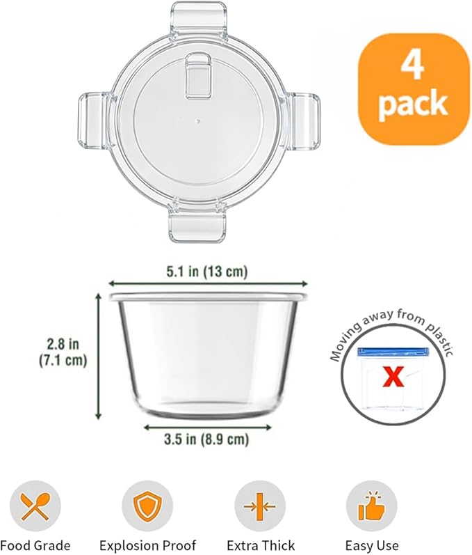H.JSS WDJS 2 Cup Round Glass Food Storage Containers with Airtight Lids,16oz Round Glass Soup Container, BPA free Small Food Storage Containers for Leftover. Microwave, Freezer, Dishwashe safe-4pack