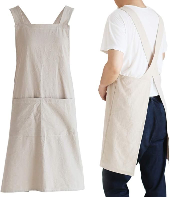 NEWGEM Japanese Cotton Linen Cross Back Cooking Apron for Women Men with Pockets Cute for Baking Kitchen