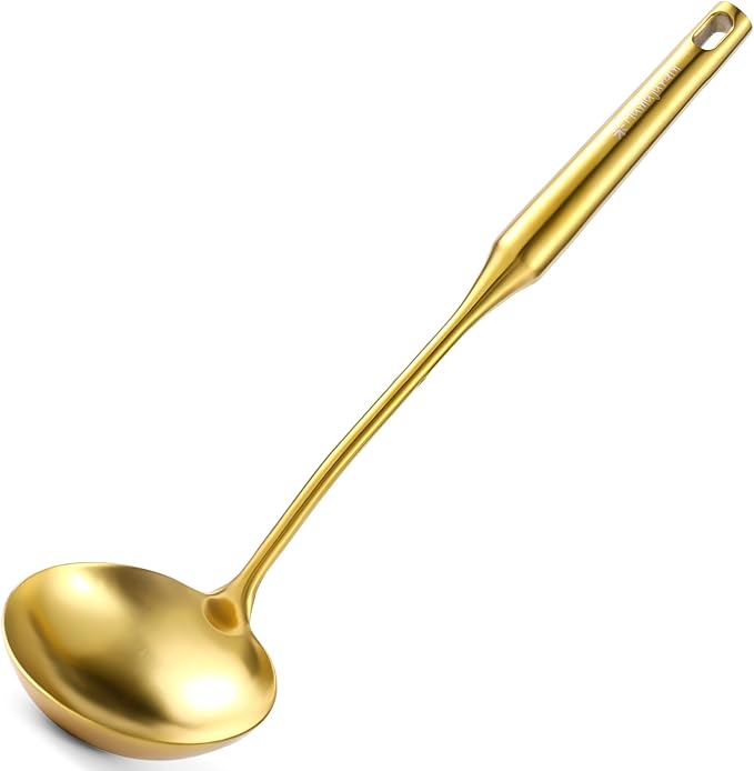 Gold Soup Ladle - Stainless Steel Ladle Spoon, 13.8"Large Soup Spoons [Integral Forming, Heat Resistance] Kitchen Metal Ladel for Cooking, Serving, Stirring, Canning，Sauce, Wok & Soup, Christmas Gifts