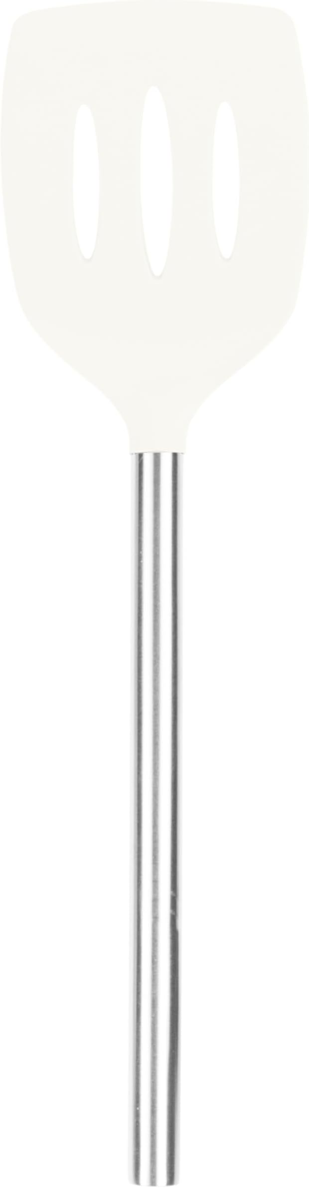 Tovolo Slotted Silicone Spatula Turner Slotted Stainless Steel Handle 10" White Heat Resistant Non Toxic BPA Free Kitchen Utensil, Scratch Resistant Silicone Pancake Flipper Metal Handle for Cooking