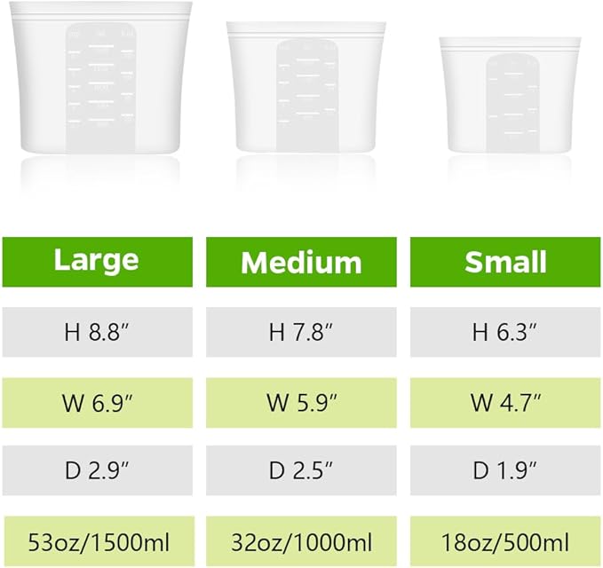 Winrock Reusable 100% Silicone Food Storage Bags, Sandwich Snack Bags New Generation Stand Up Zip Container for Soup and Leftovers, Plastice & BPA Free, Microwave Oven Safe 3 Pack (51oz, 34oz, 17oz)