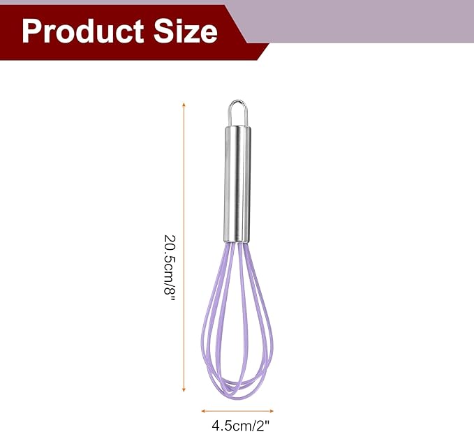 HARFINGTON 5Pcs Silicone Whisk 8" Kitchen Whisk Wire Whisks Beater with Stainless Steel Handle for Egg Milk Whisking Blending Beating & Stirring, Purple