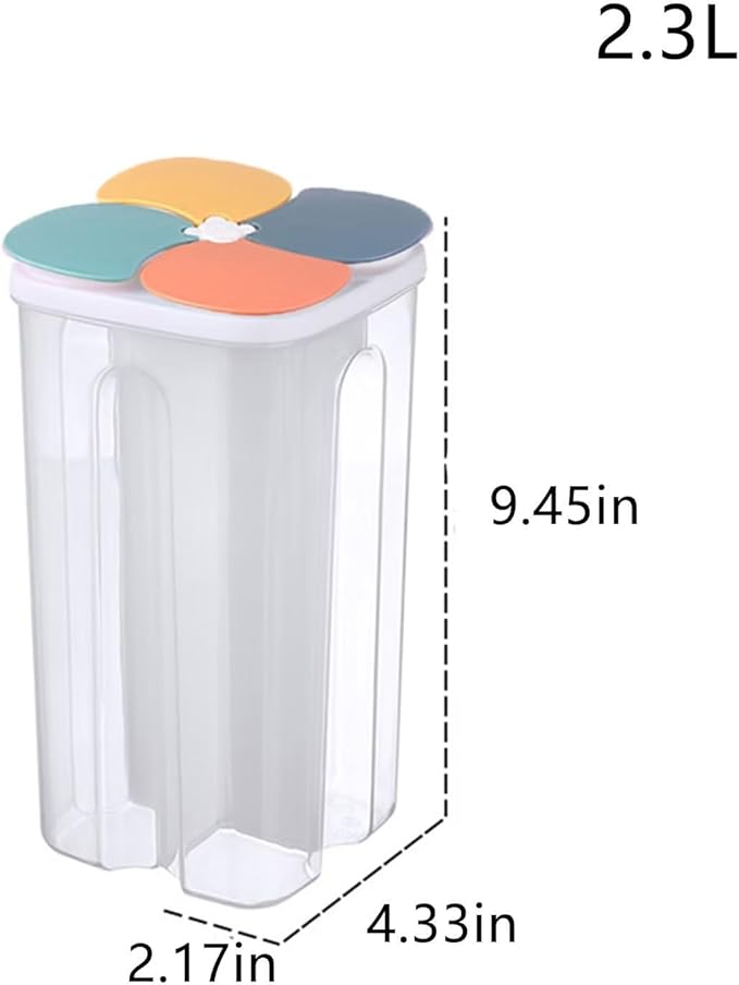 Airtight Cereal Storage Container, Clear 4 Grid Grain Storage Tank Food Storage Container with Lids Noodle Storage Box for Grain, Nuts,Rice, Candy, Snacks(Dark Colored Lid, 2.3L)
