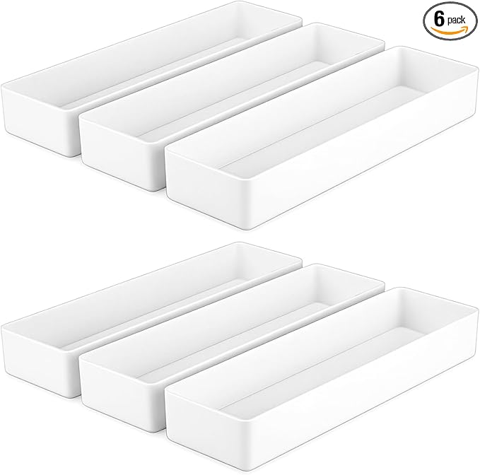 6-Pack White Plastic Desk Organizer Trays, Rectangular Stackable Drawer Organizers for Office, Kitchen, Bathroom & Vanity, 9.45 x 2.95 x 1.38 Inches
