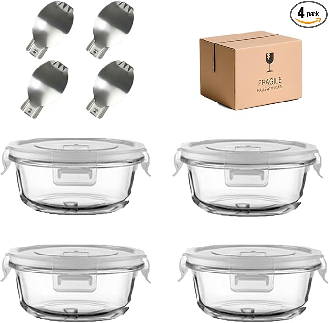 1.5 Cup Round Glass Food Containers with Lids and Folding Spoon, BPA Free Small Round Glass Lunch Containers, 12oz Food Container for Office Meal, Oven, Freezer and Dishwasher Safe (4Pack)