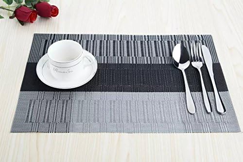 SHACOS Placemats with Table Runner Set of 7 Woven Vinyl Table Mats and Runner for Dining Table Heat Resistant, Ombre Black Gray