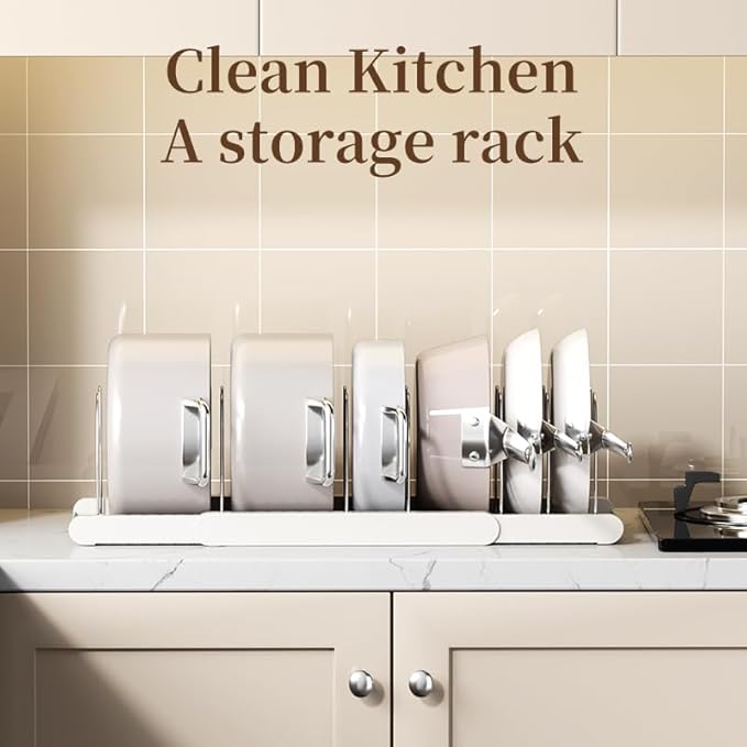 Pot Rack -Expandable Pan Organizer for Cabinet,Pot Lid Holder with 7 Adjustable Compartment for Kitchen Cabinet Cookware Baking Frying Rack,Apricot