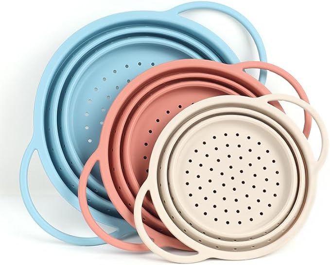 Silicone Colander Set – Collapsible Platinum Silicone Strainer with Stainless Steel Rim, Space-Saving & Heat-Resistant, Dishwasher Safe, BPA-Free by SelectShen™ (3 Pack)
