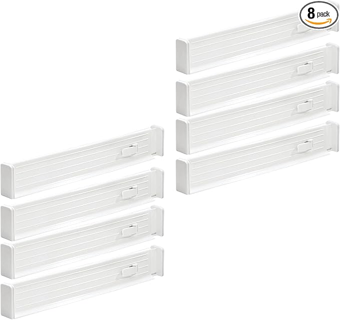 mDesign Expandable Kitchen Drawer Divider with Foam Ends, Adjustable Drawer Dividers with Strong Secure Hold, Dividers Lock in Place to Organize Drawers - Ligne Collection - 8 Pack - White