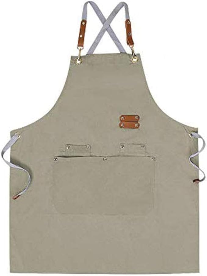 Mignongirl Chef Apron,Cross Back Apron for Men Women with Adjustable Straps and Large Pockets,Canvas,M-XXL (Beige)