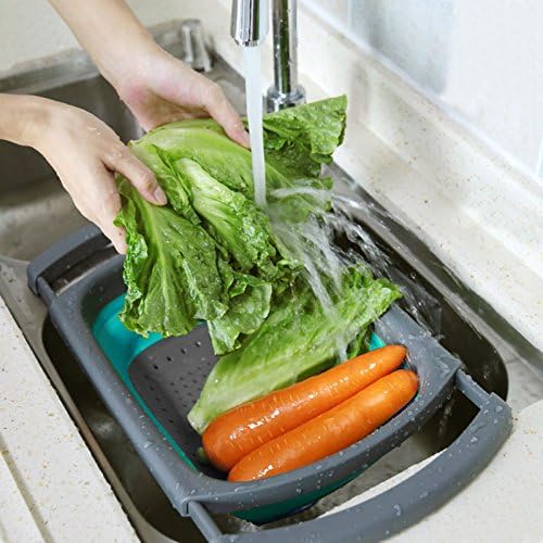 Qimh Colander collapsible, Colander Strainer Over The Sink Vegetable/Fruit Colanders Strainers With Extendable Handles, Folding Strainer for Kitchen,6 Quart